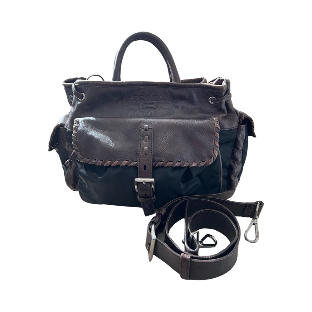 Vintage Prada nylon and leather tote with leather shoulder strap